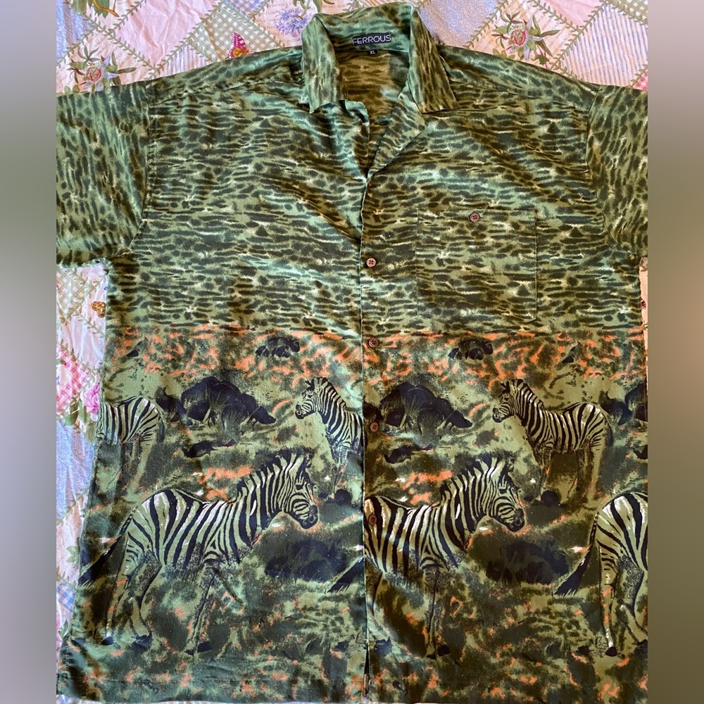 Ferrous Men's Shirt Green Zebra Print Pattern XL Vintage 90's Women's Kimono